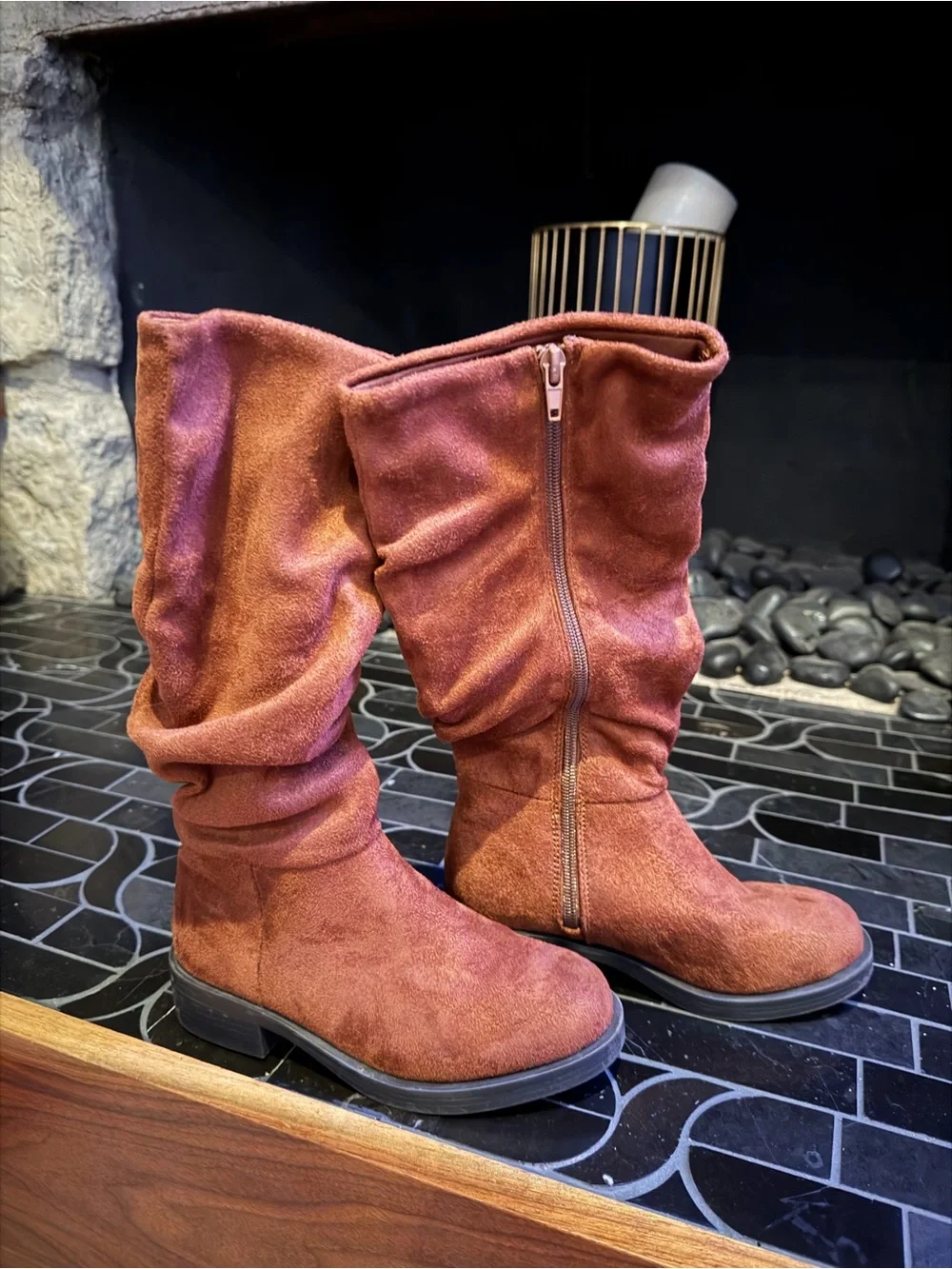 Kids faux Suede Slouchy Mid-Calf Boots - Rust